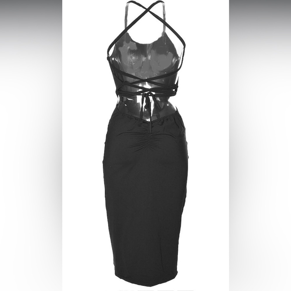 Black Dress with Crisscross Straps and Ruched Back - Picture 3 of 9